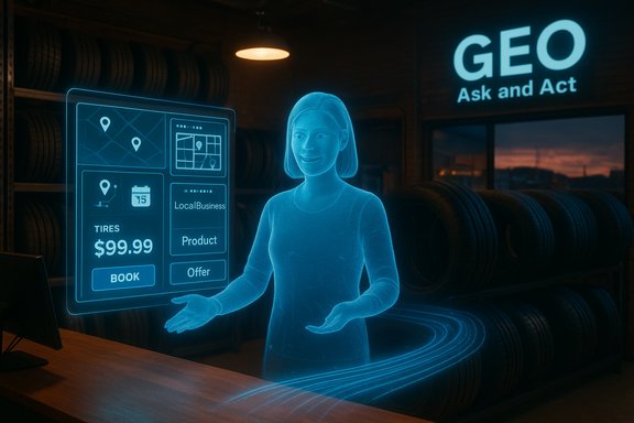 A blue holographic assistant guides tire shopping at a futuristic store.