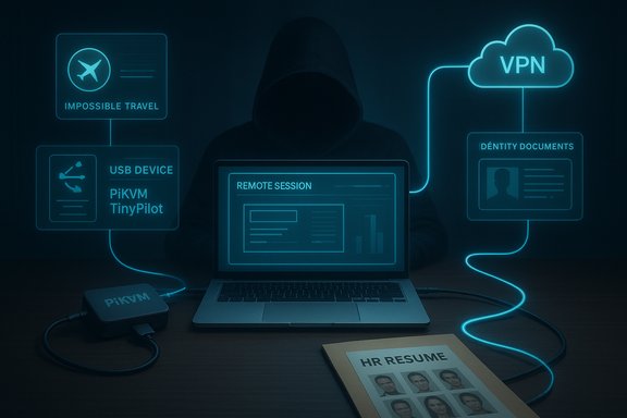 A hooded figure hacks a remote session over VPN, with identity docs and USB devices.