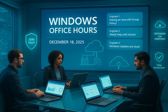 Three engineers in a blue-lit conference room host Windows Office Hours, laptops open around the table.