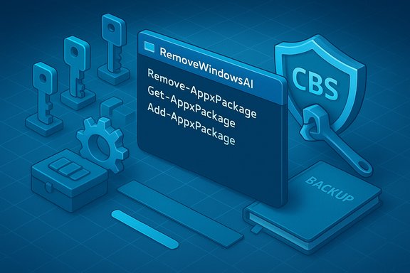 Blue isometric illustration of Windows AI removal commands, Appx packaging steps, and a CBS shield. Blue isometric illustration of Windows AI removal commands, Appx packaging steps, and a CBS shield.