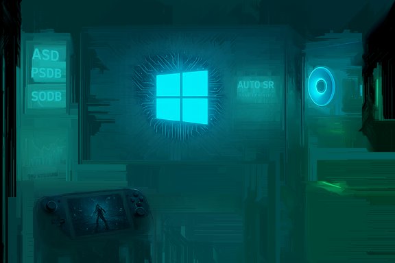 Neon teal sci‑fi display featuring a glowing Windows logo, circuit halo, holographic panels, and a handheld game console. Neon teal sci‑fi display featuring a glowing Windows logo, circuit halo, holographic panels, and a handheld game console.