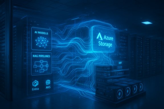 Futuristic data center with neon Azure Storage holograms and AI models.