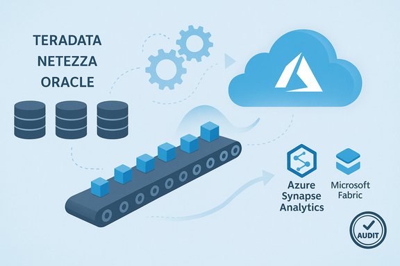 Data from Teradata, Netezza, and Oracle flows to cloud analytics via Azure Synapse and Microsoft Fabric. Data from Teradata, Netezza, and Oracle flows to cloud analytics via Azure Synapse and Microsoft Fabric.