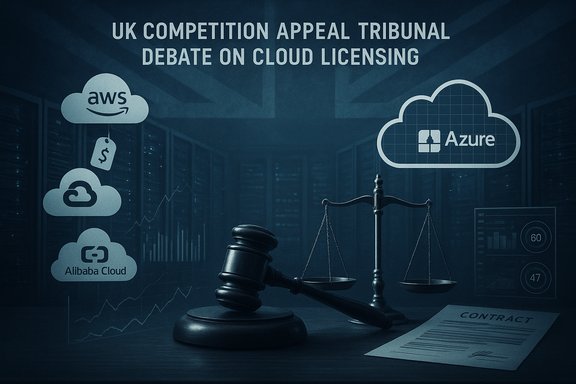 Gavel and scales beside cloud-licensing logos (AWS, Azure, Alibaba) at a UK tribunal.