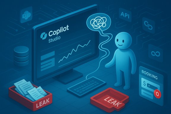 Blue tech scene: a person connected to the Copilot Studio monitor as data leaks spill from red LEAK boxes.