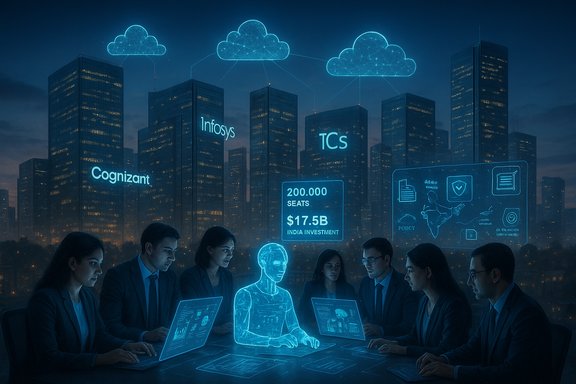 Holographic AI leader guides a team around laptops in a cloud-connected, neon cityscape.