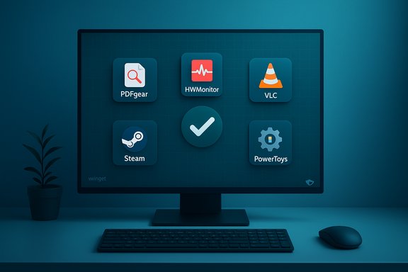 Teal-themed desktop showing app icons (PDFgear, HWMonitor, VLC, Steam, PowerToys) on a grid.