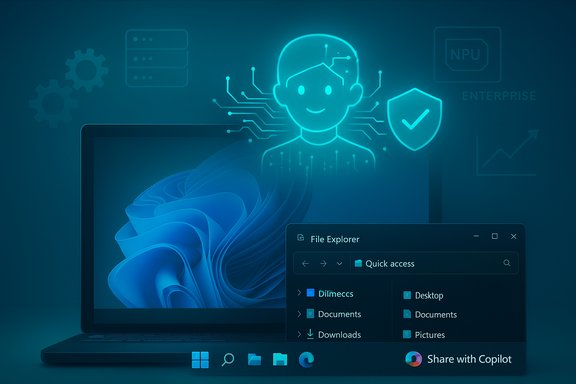 Futuristic laptop with a glowing AI avatar and holographic circuits beside a File Explorer window.