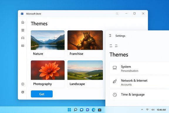 Microsoft Store themes gallery with nature, franchise, photography, and landscape tiles on a blue Windows-like UI.