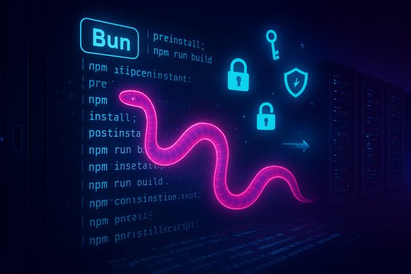 Neon mural of Bun JS with code snippets, padlocks, and a glowing pink snake winding through the display.