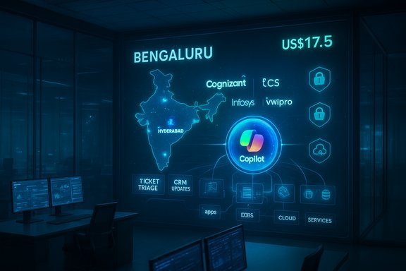 Neon blue holographic map of India highlighting Bengaluru and Hyderabad with the Copilot logo.