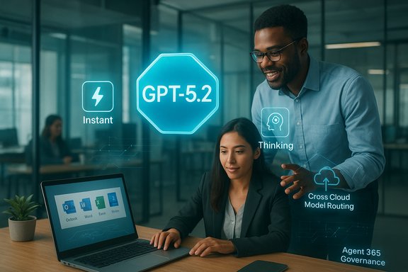 Two professionals work with a holographic GPT-5.2 AI interface in a modern office.