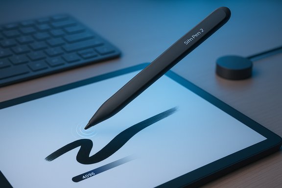 A Slim Pen 2 draws a curved stroke on a tablet screen.