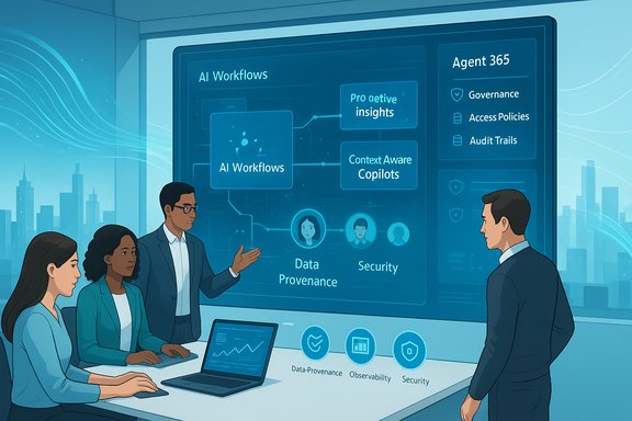 A team presents AI Workflows and governance on a large touchscreen display.