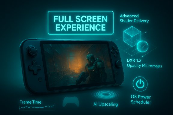 Neon-lit handheld console promoting a full-screen experience with advanced shader tech.