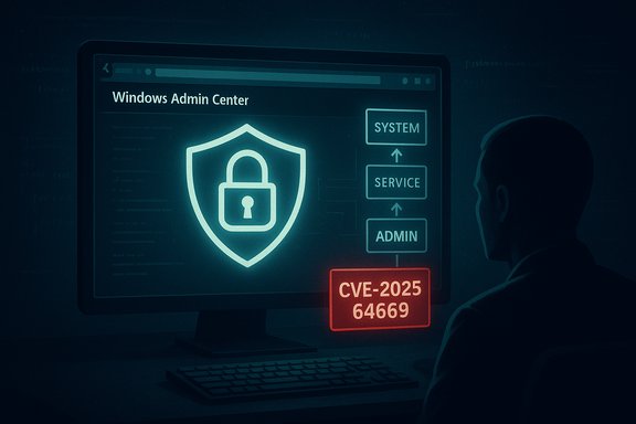 Security analyst watches a Windows Admin Center screen showing a glowing shield lock and CVE-2025-64669 alert.