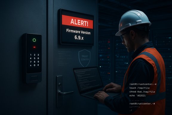 Data center technician in safety gear monitors a firmware alert on a server panel. Data center technician in safety gear monitors a firmware alert on a server panel.
