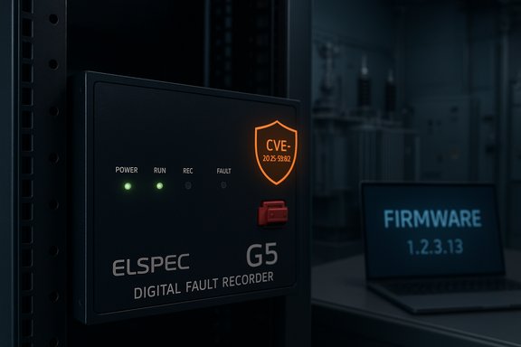 ELSPEC G5 digital fault recorder with status LEDs and a CVE shield, beside a firmware laptop.