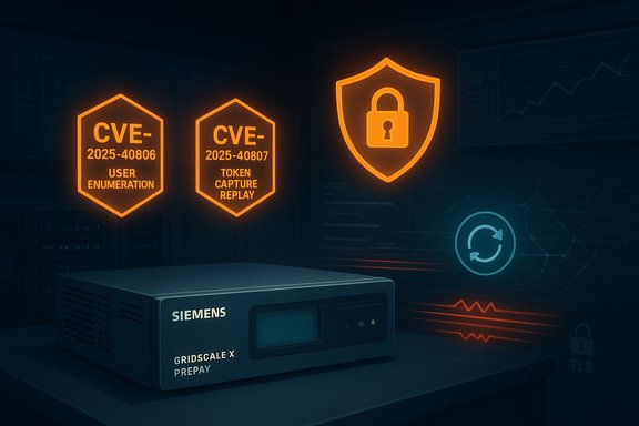 Siemens GRIDSCALE X PREPAY server with glowing CVE badges and a security shield icon.