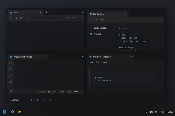 Dark, multi-window desktop showing VS Code, Notepad, a browser tab, and File Explorer in a tiled layout.
