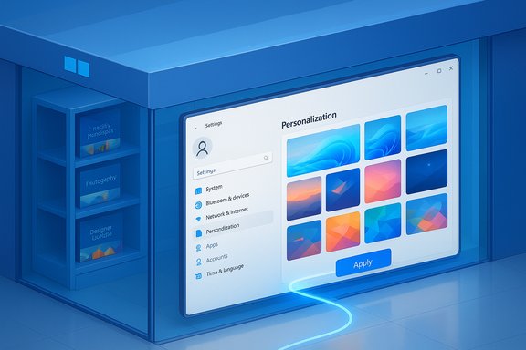 A blue-futuristic digital display showing a Settings/Personalization panel with colorful tiles.