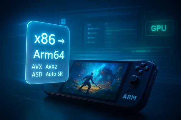 A handheld gaming device beside a neon sign displaying x86 → Arm64, highlighting ARM architecture.