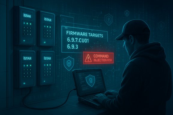 Security analyst reviews firmware targets on a laptop, amid a command injection risk alert.