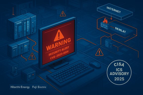 Computer screen shows a red warning: Security Alert CVE-2023-5034 amid a network diagram.