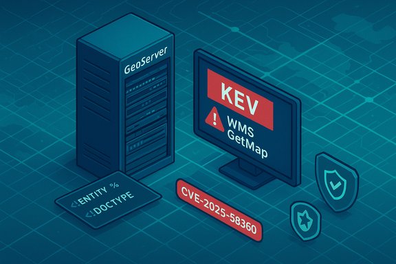 Isometric illustration of a Geoserver server and a monitor displaying a CVE-2025-58360 warning.