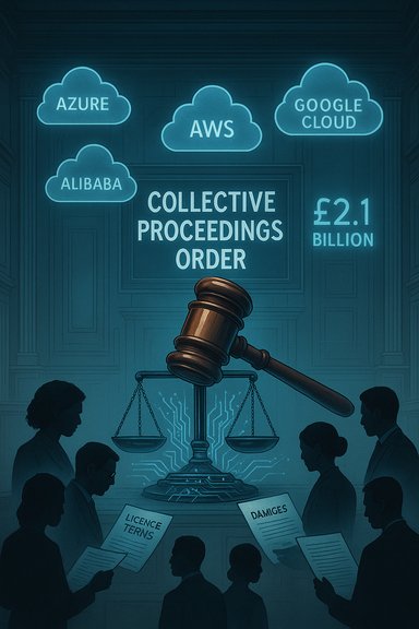 Courtroom debate over a Collective Proceedings Order against cloud providers: Azure, AWS, Google Cloud, Alibaba.