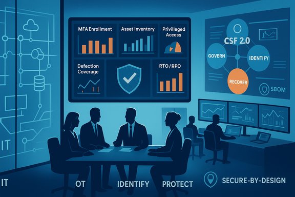 Blue-tinted security operations center with dashboards for MFA enrollment, asset inventory, and privileged access.