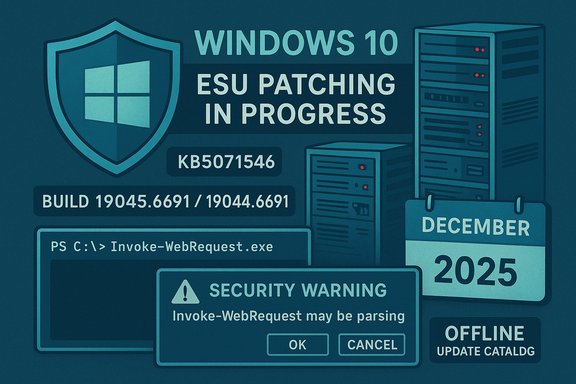 Windows 10 ESU patching in progress on servers, with a security warning and December 2025 calendar.