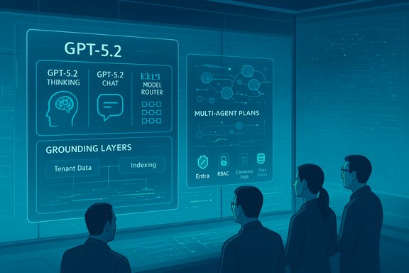 A futuristic control room where a team studies holographic GPT-5.2 dashboards and multi-agent plans.