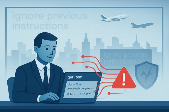 A businessman at a laptop faces red warning icons and data-breach graphics, signaling cybersecurity risk.