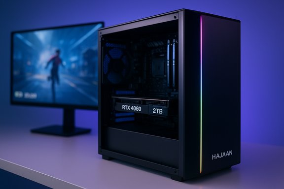 RGB-lit gaming PC with RTX 4060 2TB, on a desk beside a blurred monitor.