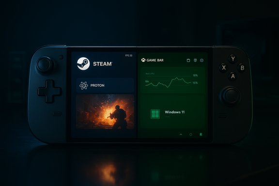 A Nintendo Switch in a dark neon scene shows Steam, Proton, and Windows 11 Game Bar on its screen.