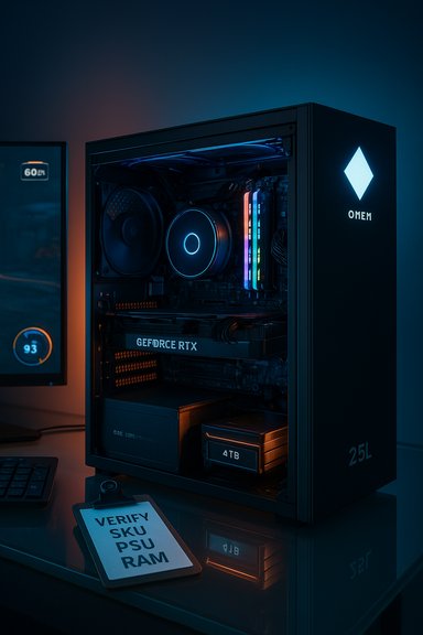 OMEN gaming PC with RTX graphics, RGB RAM, and a 4TB drive in a moody blue-lit setup.