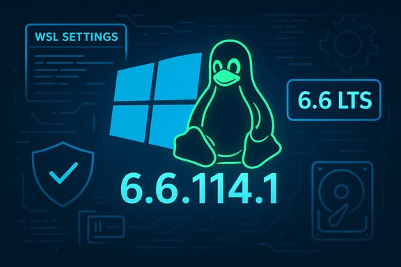 Neon illustration of WSL settings with Windows logo, Linux penguin, and 6.6 LTS version.