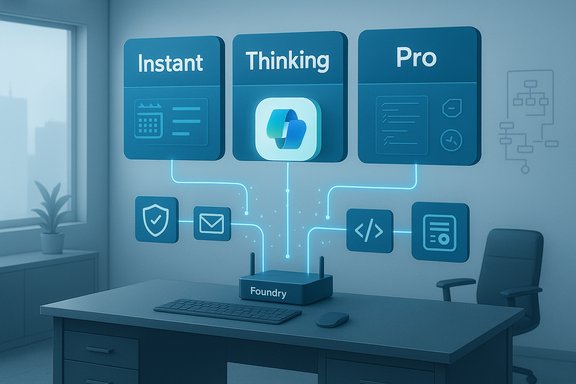 Blue-themed office wall with Instant, Thinking, Pro panels and connected icons around a Foundry hub. Blue-themed office wall with Instant, Thinking, Pro panels and connected icons around a Foundry hub.