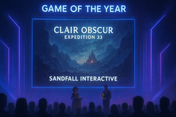 A neon-lit awards stage displays 'Game of the Year' for Clair Obscur by Sandfall Interactive.