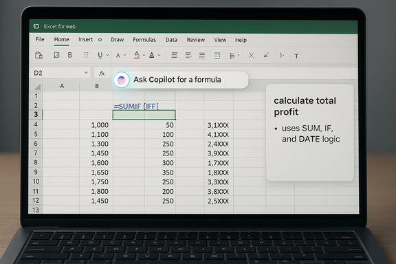 A laptop screen shows an Excel-like spreadsheet with Copilot prompts to calculate total profit.