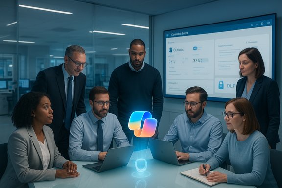 A diverse team collaborates around laptops in a glass-walled conference room with a glowing holographic model.