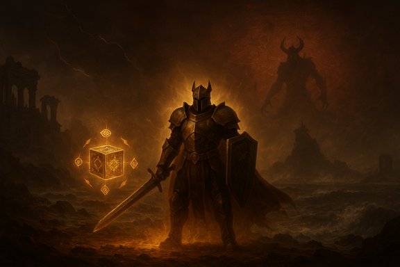 Armored knight stands in a fiery ruin with a glowing cube and a looming demon silhouette.