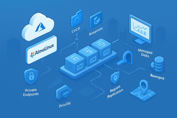Isometric cloud infrastructure diagram with AlmaLinux, VM blocks, private endpoints, and managed disks.