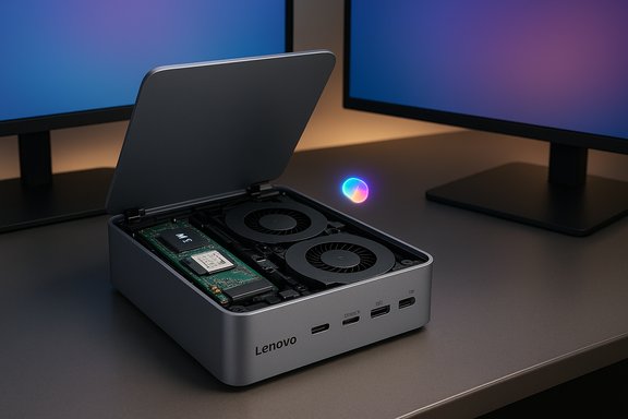 Lenovo mini PC opened to reveal dual cooling fans and circuitry on a desk.