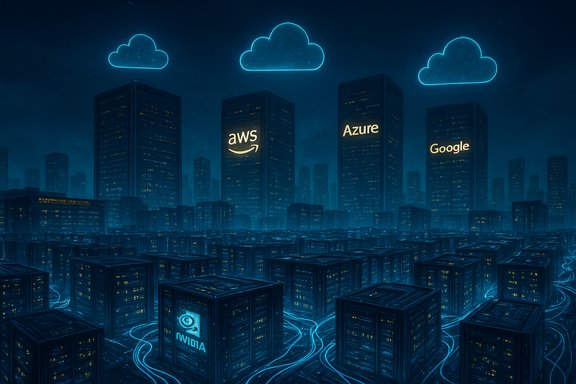 Futuristic data-city with AWS, Azure and Google towers, neon cloud icons, and NVIDIA servers.