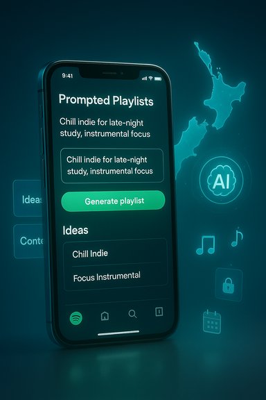 An AI-powered playlist app on a smartphone shows prompted playlists and a Generate playlist button.