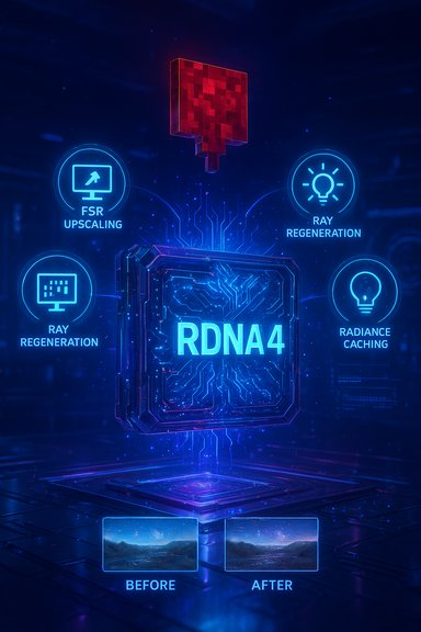 Futuristic RDNA4 microchip display showing FSR upscaling, ray regeneration, radiance caching, with before/after visuals.