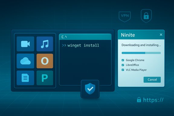 A blue digital dashboard showing Winget install beside Ninite download progress.