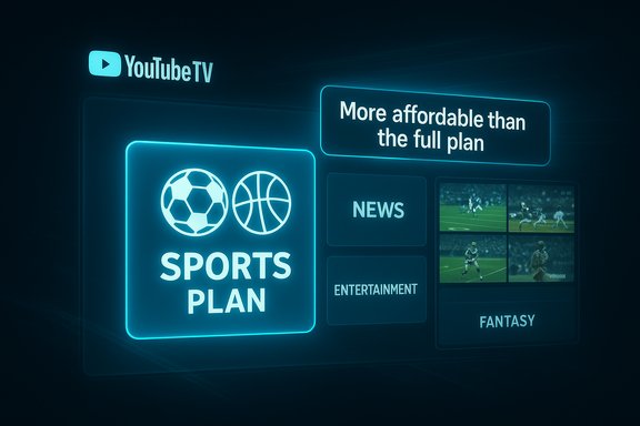 Neon-blue YouTube TV sports plan interface highlighting the Sports Plan with News, Entertainment and Fantasy.